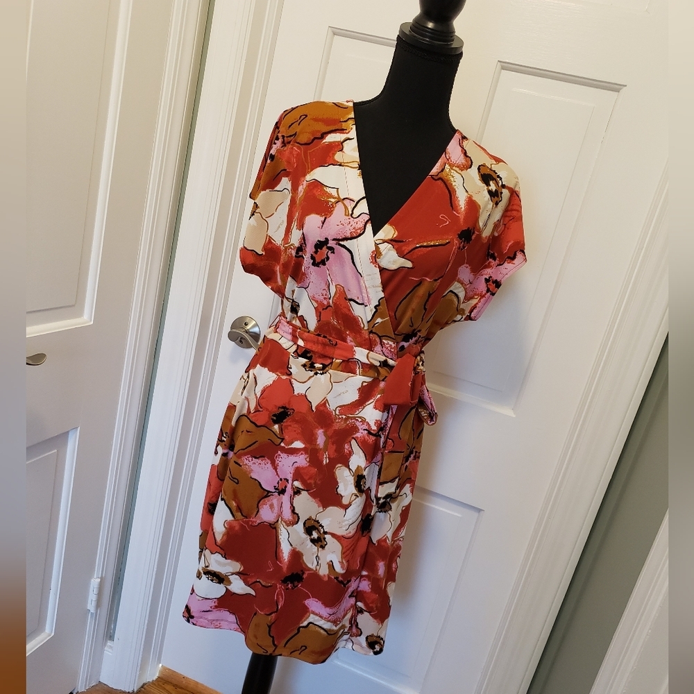 Nine West Faux Wrap Knit Dress Size Large, Colorful, Stretch, Belted
